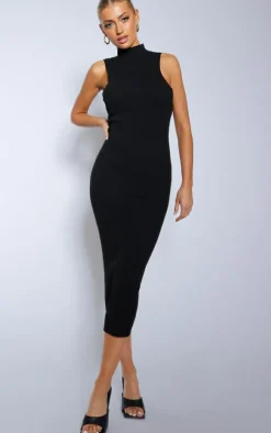 Black Sleeveless Rib Knit Midaxi Bodycon Dress
