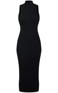 Black Sleeveless Rib Knit Midaxi Bodycon Dress