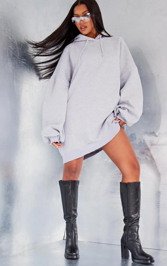 Black Slight Platform Block Heel Square Toe Knee Boots