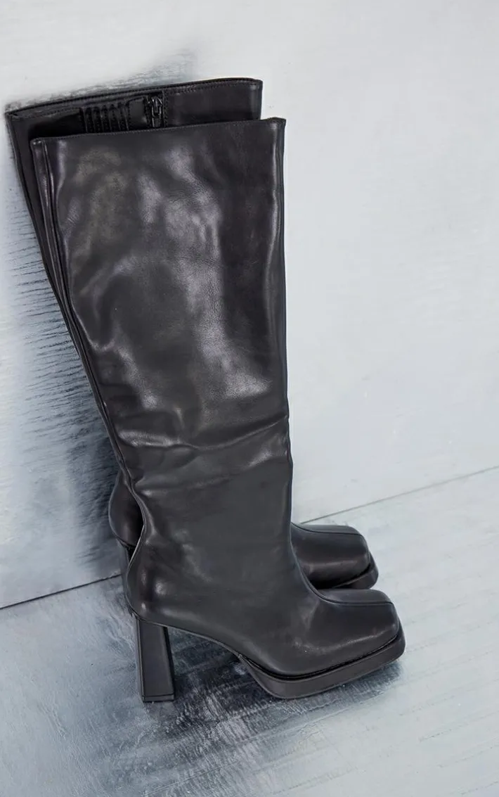 Black Slight Platform Block Heel Square Toe Knee Boots