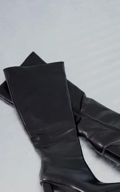 Black Slight Platform Block Heel Square Toe Knee Boots