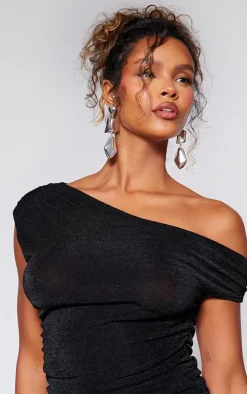 Black Slinky Acetate Ruched One Shoulder Mini Dress