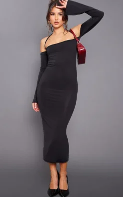 Black Slinky Bardot Tie Neck Midi Dress