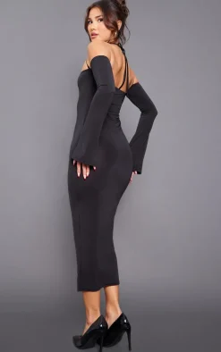 Black Slinky Bardot Tie Neck Midi Dress