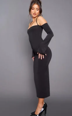 Black Slinky Bardot Tie Neck Midi Dress