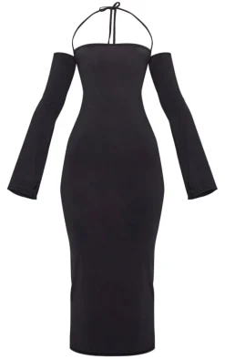 Black Slinky Bardot Tie Neck Midi Dress
