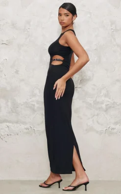 Black Slinky Belt Cut Out Detail Maxi Dress