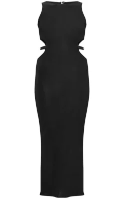 Black Slinky Belt Cut Out Detail Maxi Dress