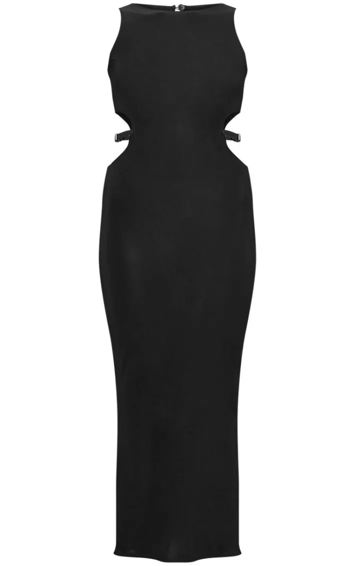 Black Slinky Belt Cut Out Detail Maxi Dress