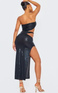 Black Slinky Cut Out Hammered Trim Midi Dress