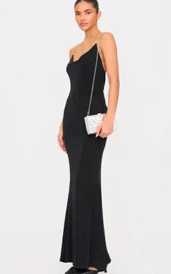 Black Slinky Diamante Strap Cowl Back Maxi Dress