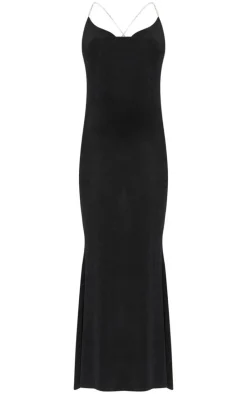 Black Slinky Diamante Strap Cowl Back Maxi Dress