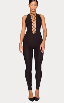 Black Slinky Lace Up Detail Jumpsuit