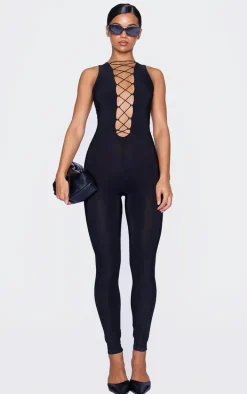 Black Slinky Lace Up Detail Jumpsuit