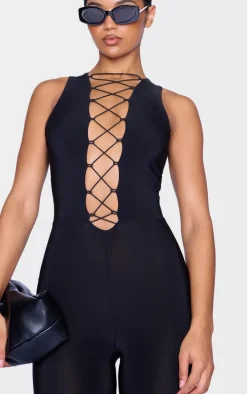 Black Slinky Lace Up Detail Jumpsuit