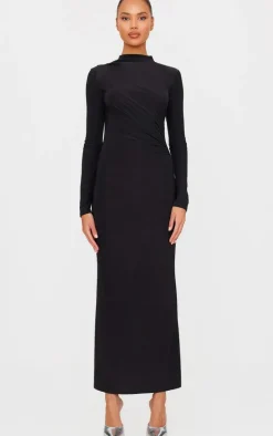 Black Slinky Long Sleeve Maxi Dress