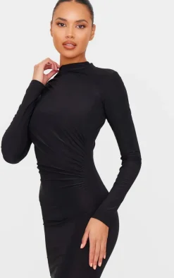 Black Slinky Long Sleeve Maxi Dress