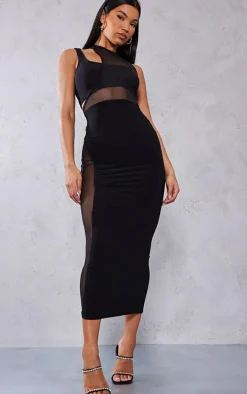 Black Slinky Mesh Insert Racer Midaxi Dress