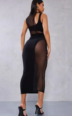 Black Slinky Mesh Insert Racer Midaxi Dress