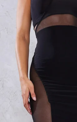 Black Slinky Mesh Insert Racer Midaxi Dress