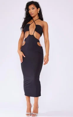 Black Slinky Multi Cut Out Cross Neck Midaxi Dress
