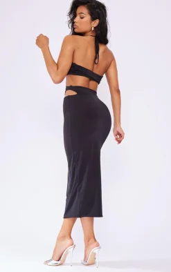 Black Slinky Multi Cut Out Cross Neck Midaxi Dress