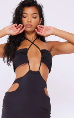 Black Slinky Multi Cut Out Cross Neck Midaxi Dress