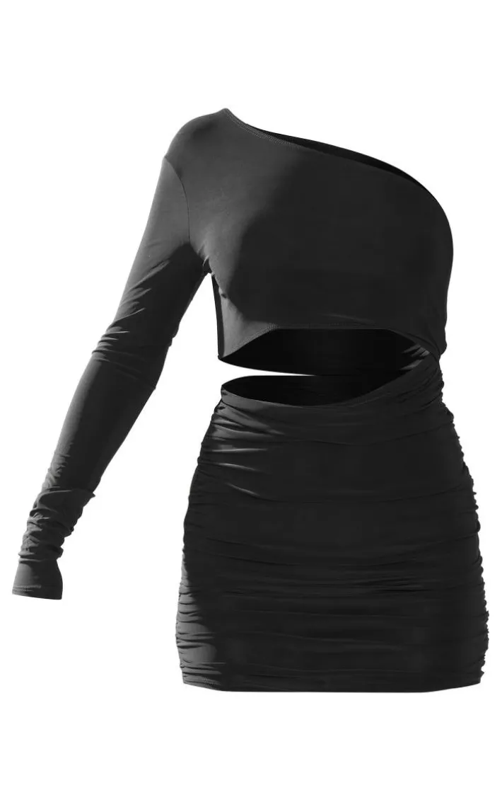 Black Slinky One Shoulder Waist Cut Out Ruched Bodycon
