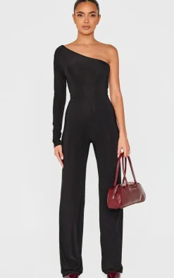 Black Slinky One Shoulder Flare Jumpsuit