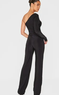 Black Slinky One Shoulder Flare Jumpsuit