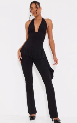 Black Slinky Plunge Frill Drape Jumpsuit