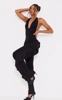Black Slinky Plunge Frill Drape Jumpsuit
