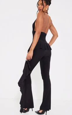 Black Slinky Plunge Frill Drape Jumpsuit