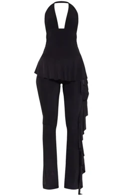 Black Slinky Plunge Frill Drape Jumpsuit