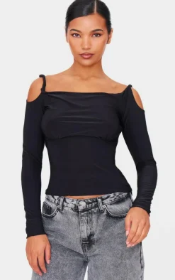 Black Slinky Twist Shoulder Detail Cut Out Top