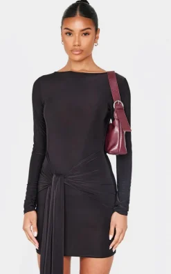 Black Slinky Wrap Detail Mini Dress
