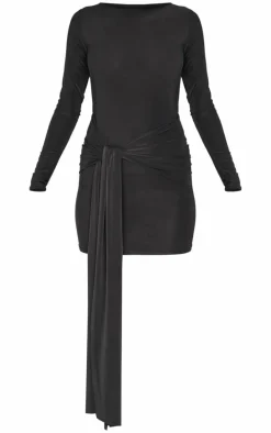 Black Slinky Wrap Detail Mini Dress