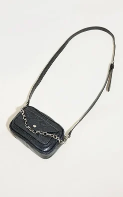Black Snake Print Chain Detail Cross Body Bag