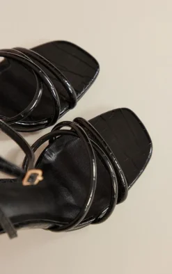 Black Snake Pu Square Toe Cross Over Strap Mid Heeled Sandals