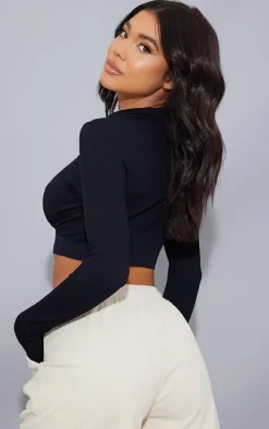 Black Snatched Rib Button Collar Long Sleeve Crop Top