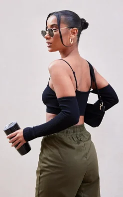 Black Snatched Rib Cold Shoulder Crop Top