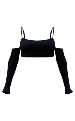 Black Snatched Rib Cold Shoulder Crop Top