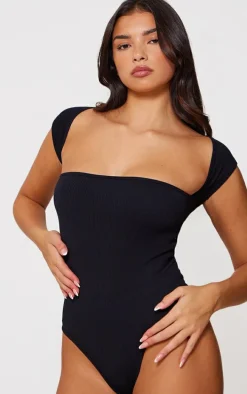 Black Snatched Rib Cut Out Short Sleeve Bodysuit