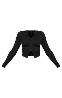 Black Snatched Rib Double Zip Top