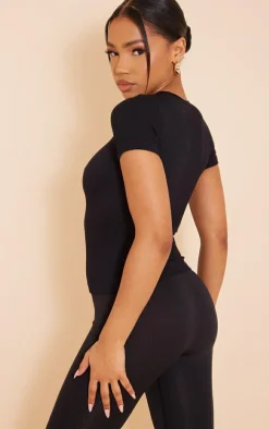 Black Snatched Rib Longline T Shirt