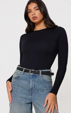 Black Snatched Rib Scoop Neck Bodysuit