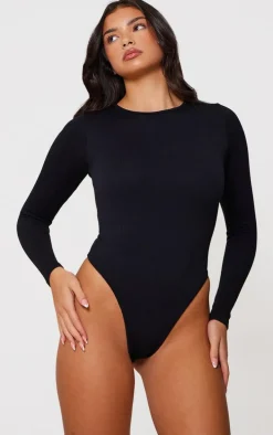 Black Snatched Rib Scoop Neck Bodysuit