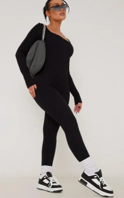 Black Snatched Rib Square Neck Long Sleeve Jumpsuit
