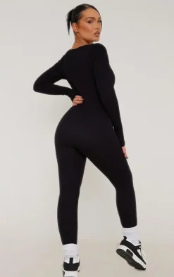 Black Snatched Rib Square Neck Long Sleeve Jumpsuit