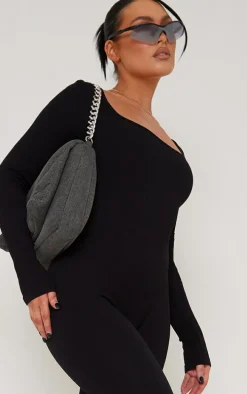 Black Snatched Rib Square Neck Long Sleeve Jumpsuit